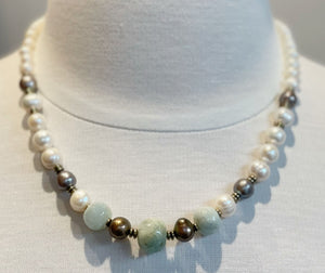 Aquamarine & Pearl & Hematite Bead Necklace