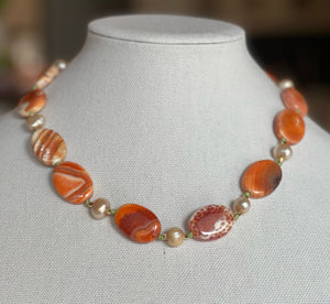 Fire Agate & Pearl & Green Accent Necklace