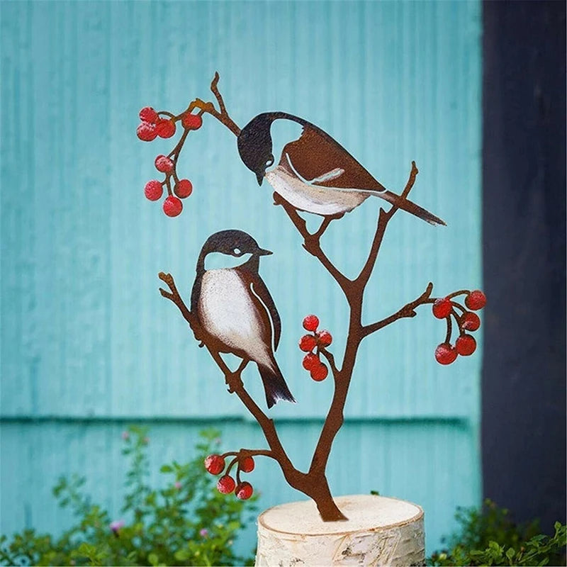 Metal Hand Painted Chickadees and Berries Garden Art