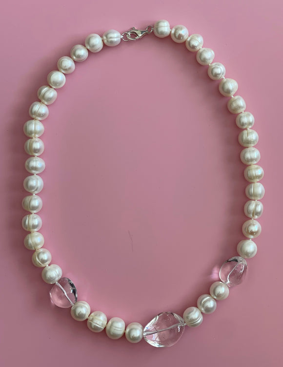 White Baroque Pearl & Clear Natural Crystal Necklace