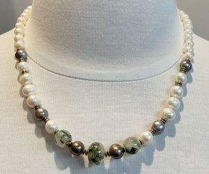 Green Quartz & Pearl & Hematite Bead Necklace