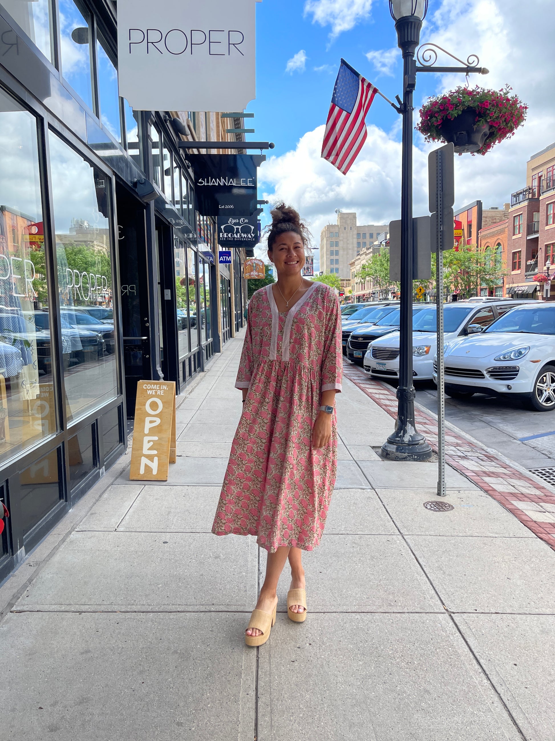 Pink Floral & Green Leaf Block Print Dress Pink Floral & Green Leaf Block Print Dress