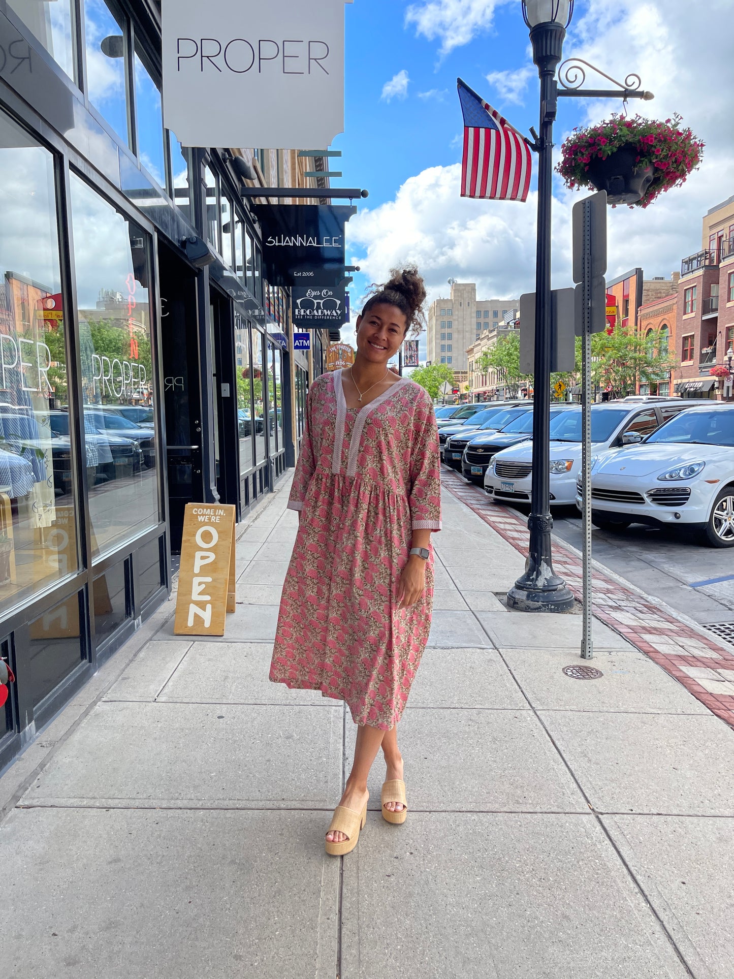 Pink Floral & Green Leaf Block Print Dress Pink Floral & Green Leaf Block Print Dress