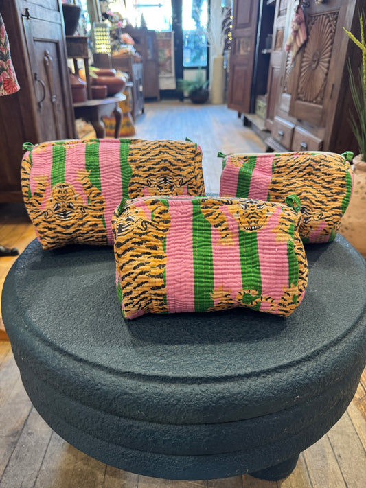 Three Piece Tiger Pink & Green Zipper Bags