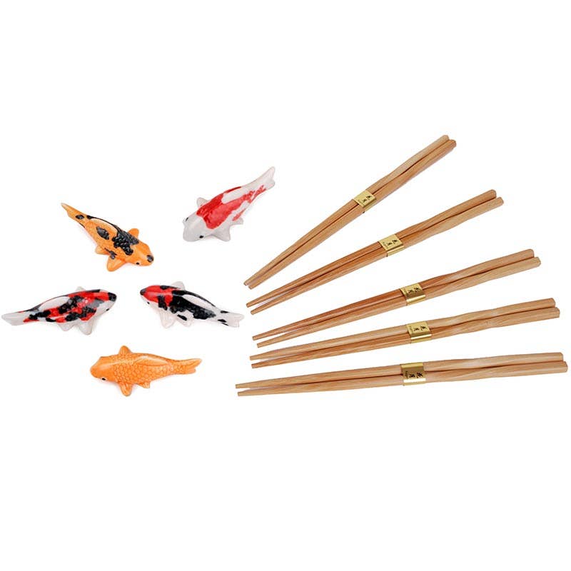 5 pc Chopsticks and Japanese Koi Fish Porcelain Chopstick Set