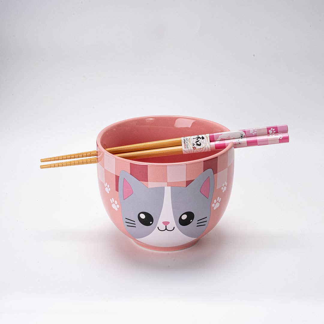 18oz 5"D Donburi Bowl With Chopsticks Set Neko Friends Pink