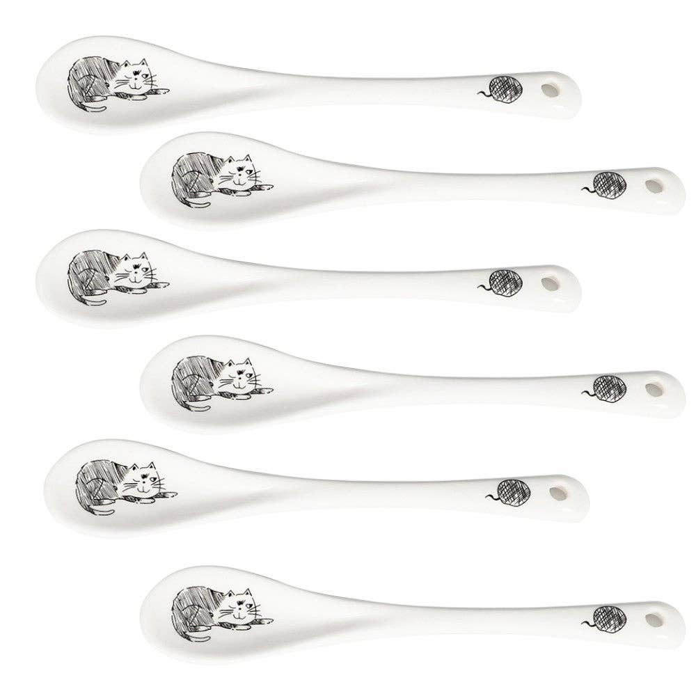 6 Piece Pack 4.75"L Porcelain Tea Spoon Cat Design