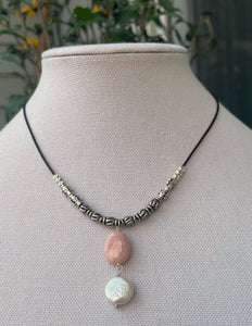 Pink Opal & Pearl Drop Leather Necklace