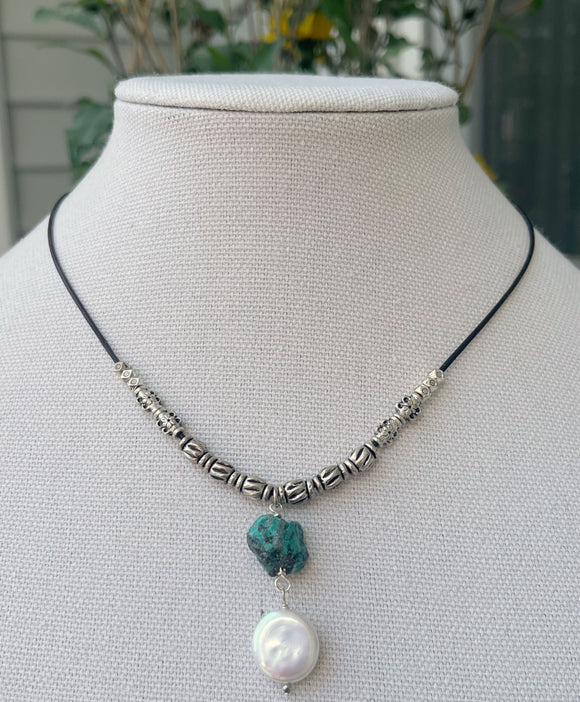 Turquoise & Pearl Drop Leather Necklace