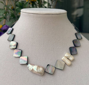 Square Mother Of Pearl & Large Unique Pearl Necklace