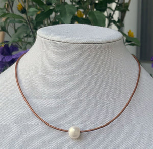 Bronze Leather & Single White Pearl Necklace