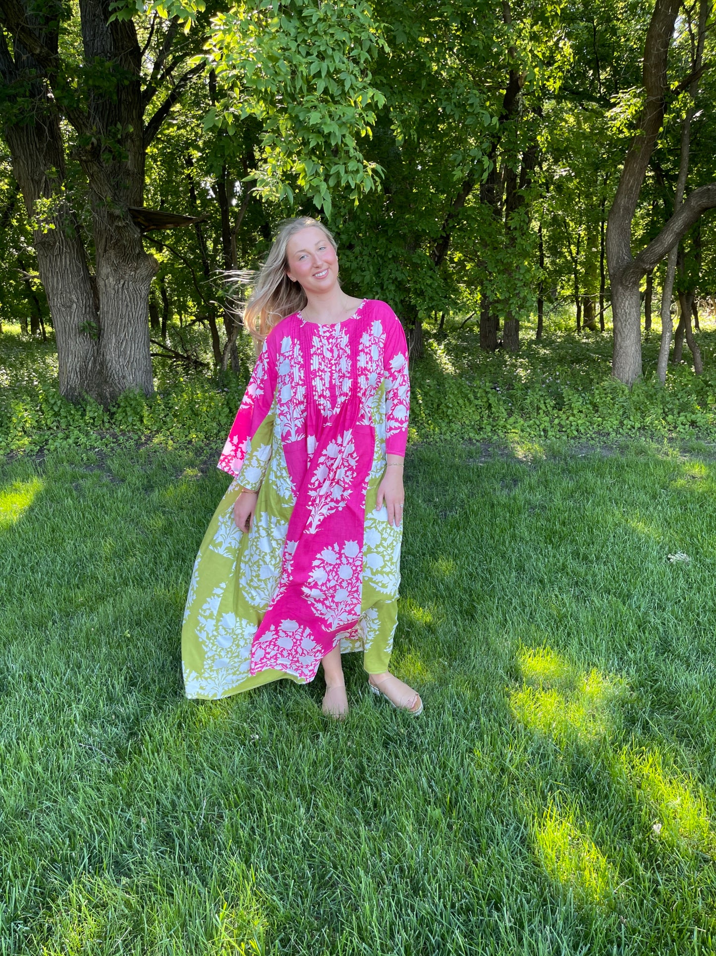 Cotton Pintex Long Dress Maxi Fuschia & Green