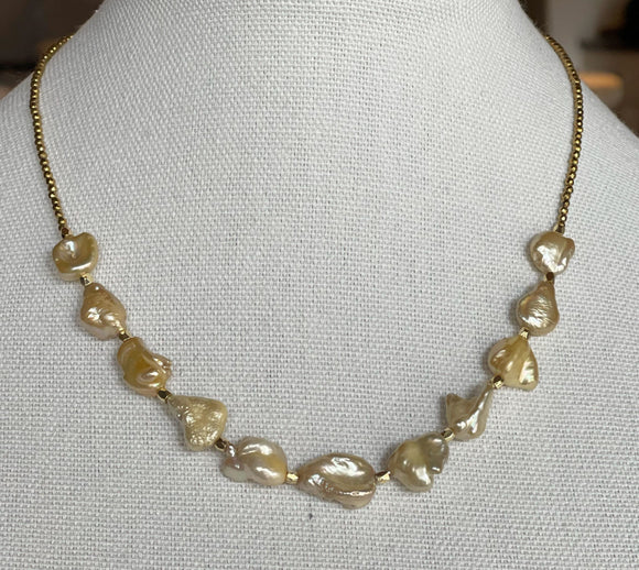 Champagne Keshi Pearl & Gold Hematite Necklace