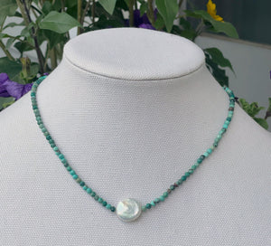 Turquoise Stone & Coin Pearl Necklace