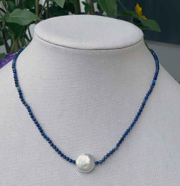 Lapis Gem Stone & Coil Pearl Necklace