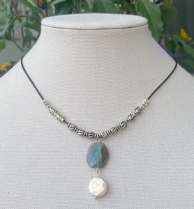 Labradorite & Pearl Drop Leather Necklace