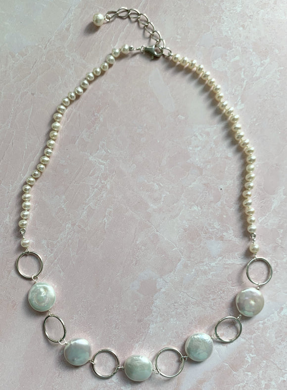 Coin Pearl & Silver Ring Necklace