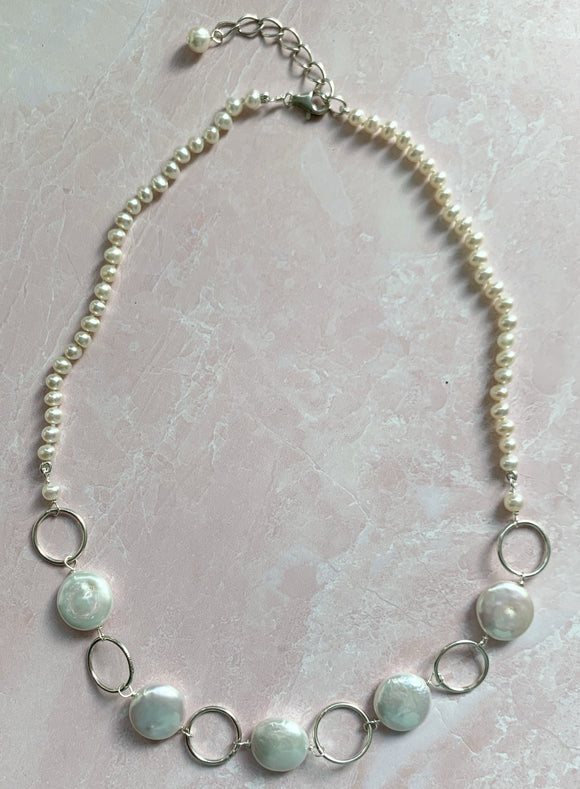 Coin Pearl & Silver Ring Necklace