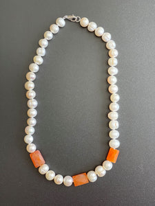 Orange Fire Agate & Baroque Pearl Necklace