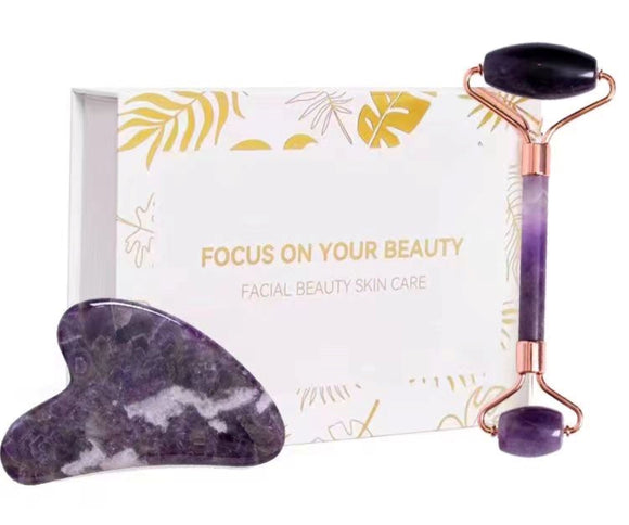 Purple Amethyst Facial Roller & Gua Sha Set