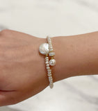 Moonstone, Pearl & Coin Pearl Memory Wire Bracelet