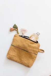 Kantha Zipper Pouch-Gold With Fish