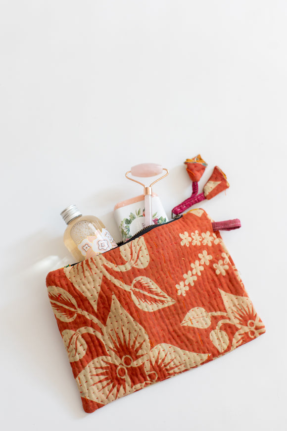 Kantha Zipper Pouch-Coral floral