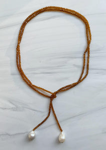 Brown Crystal & Baroque Pearl lariat Necklace