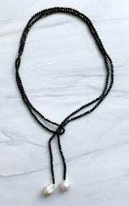 Black Crystal & White Baroque Pearl Lariat