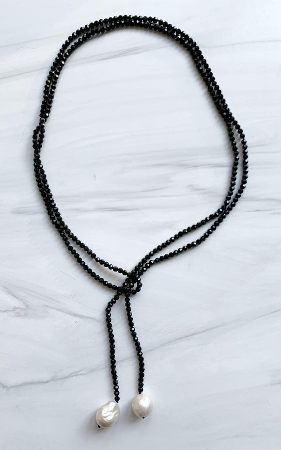 Black Crystal & White Baroque Pearl Lariat